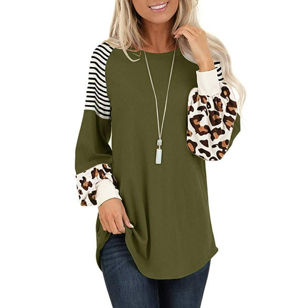 Womens Leopard Lantern Sleeve Stripe Raglan Loose Color Block Tunic Shirts Comfy Round Neck Sweatshirt Tunic Top 